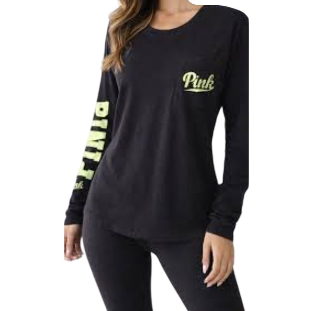 PINK Victoria's Secret Long Sleeve Pocket Tee Black Neon Green Logo Medium